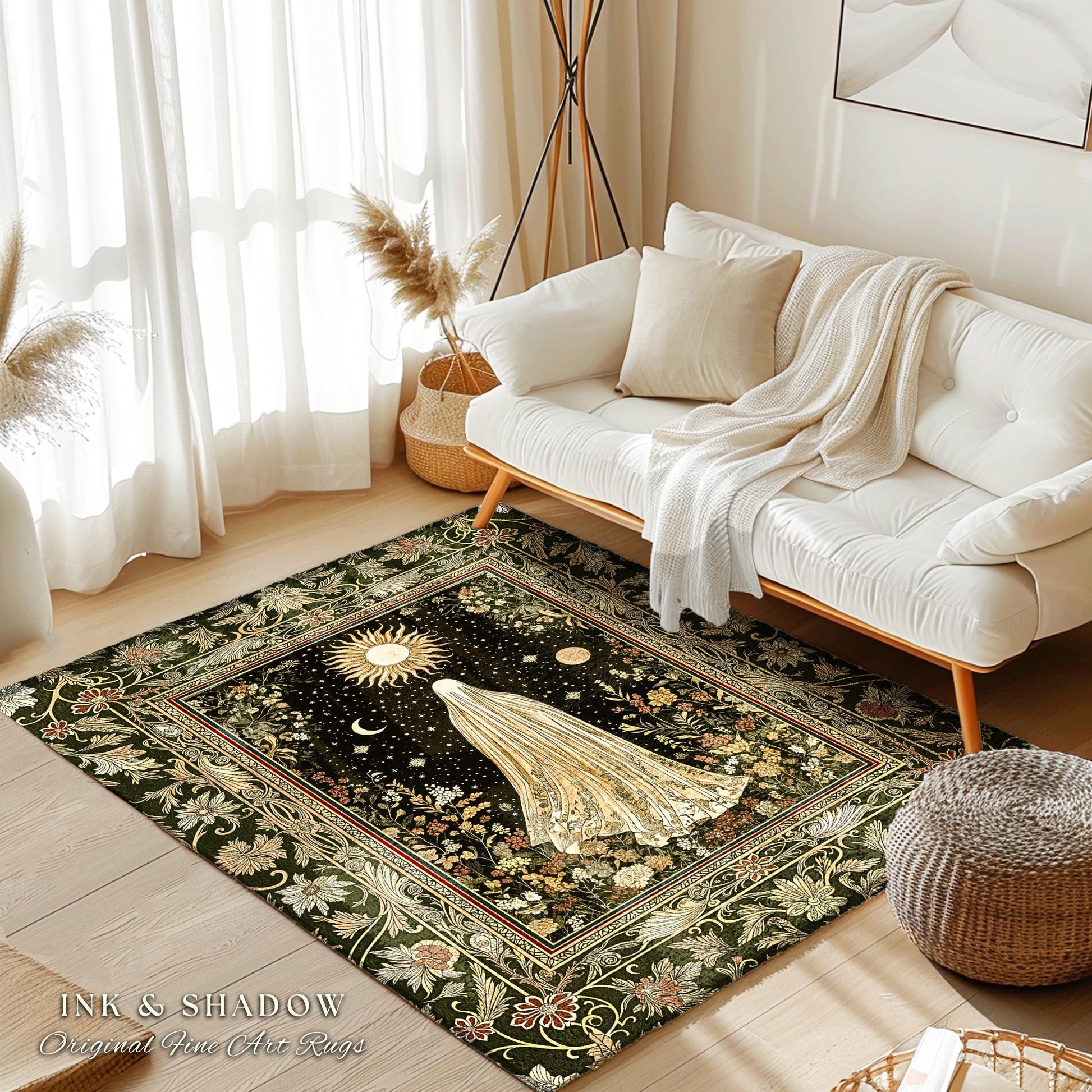 Sun Moon Spirit Ghost Accent Rug | Floral Halloween Whimsigoth Decor Cottagecore Area Rug Gothic Home Accent Spooky Season Botanical Cozy |