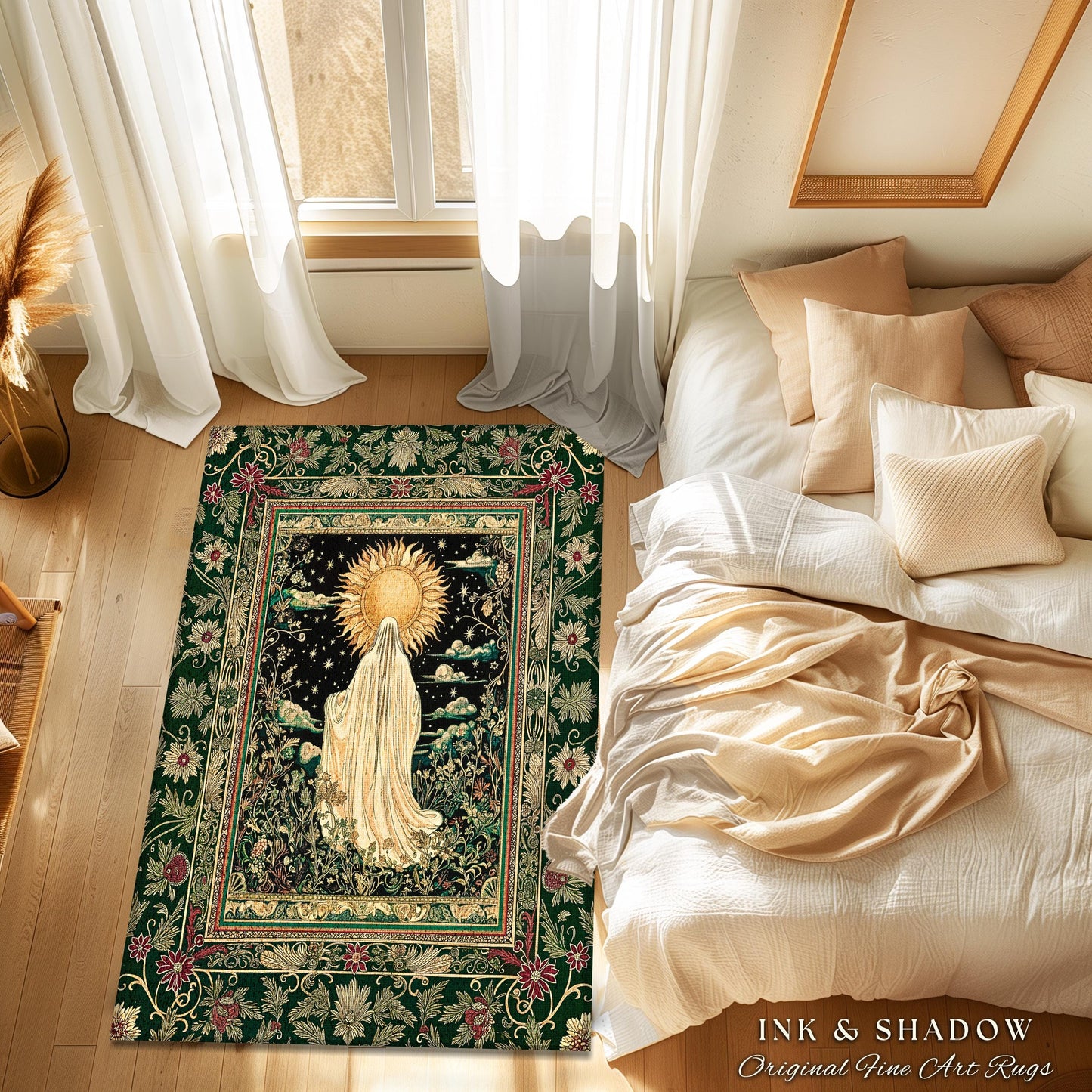 Botanical Meadow Ghost Area Rug | Baroque Floral Cottagecore Home Accent Halloween Theme Whimsigoth Decor Gothic Accent Tarot Aesthetic Rug
