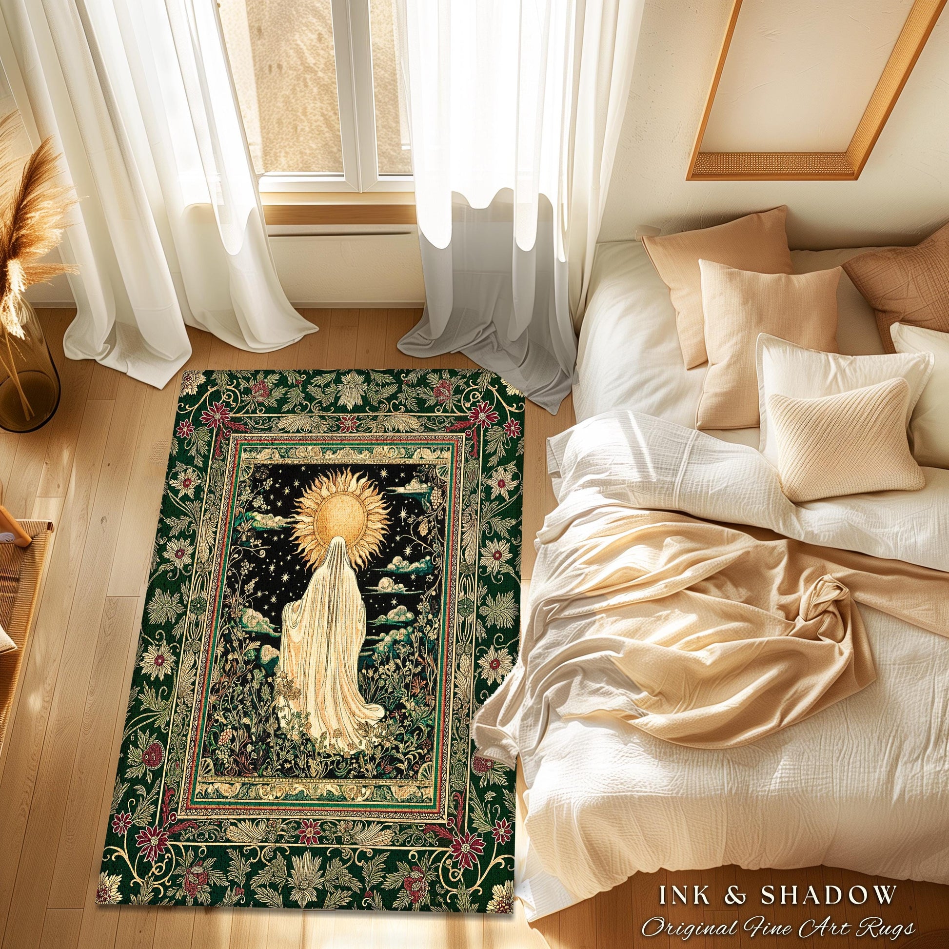 Botanical Meadow Ghost Area Rug | Baroque Floral Cottagecore Home Accent Halloween Theme Whimsigoth Decor Gothic Accent Tarot Aesthetic Rug