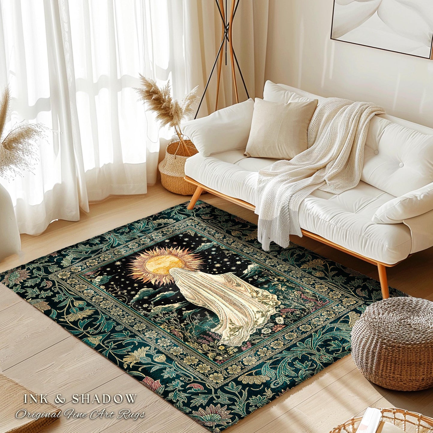 Autumn Harvest Spirit Ghost Rug | Cottagecore Halloween Floral Aesthetic Home Decor Whimsigoth Gothic Accent Botanical Cozy Witchy Area Rug