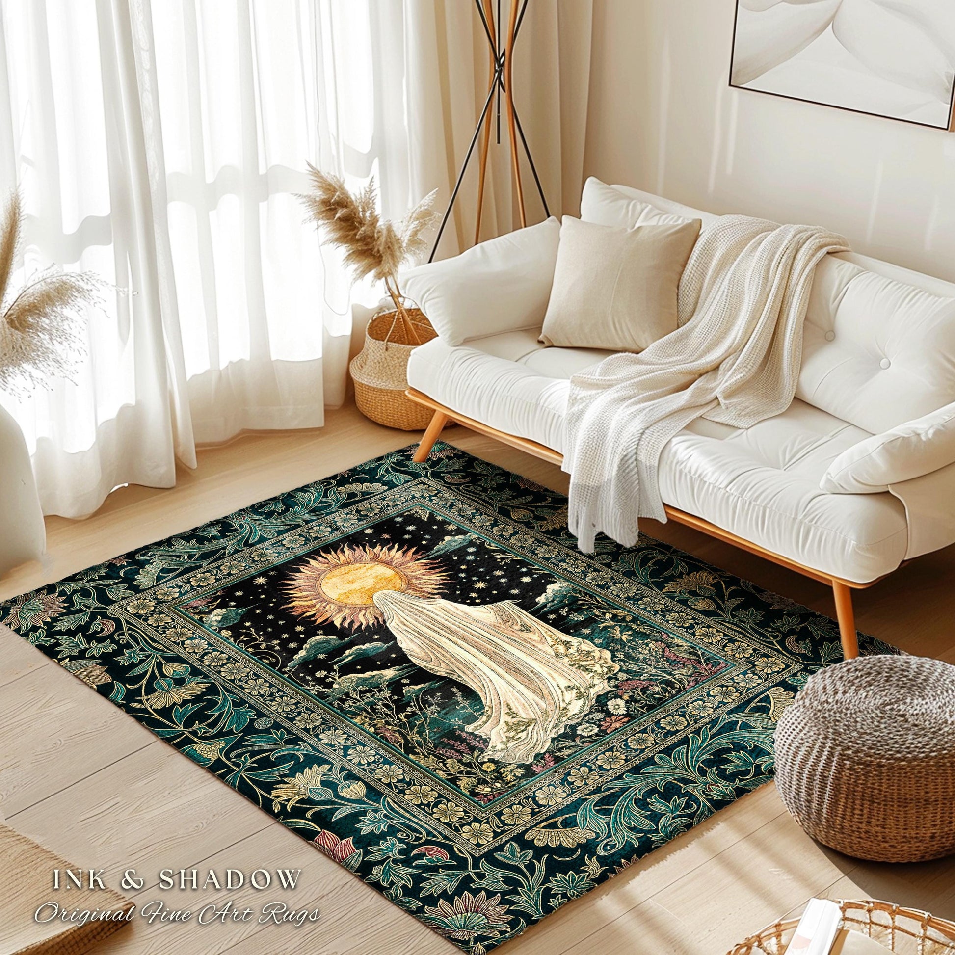 Autumn Harvest Spirit Ghost Rug | Cottagecore Halloween Floral Aesthetic Home Decor Whimsigoth Gothic Accent Botanical Cozy Witchy Area Rug