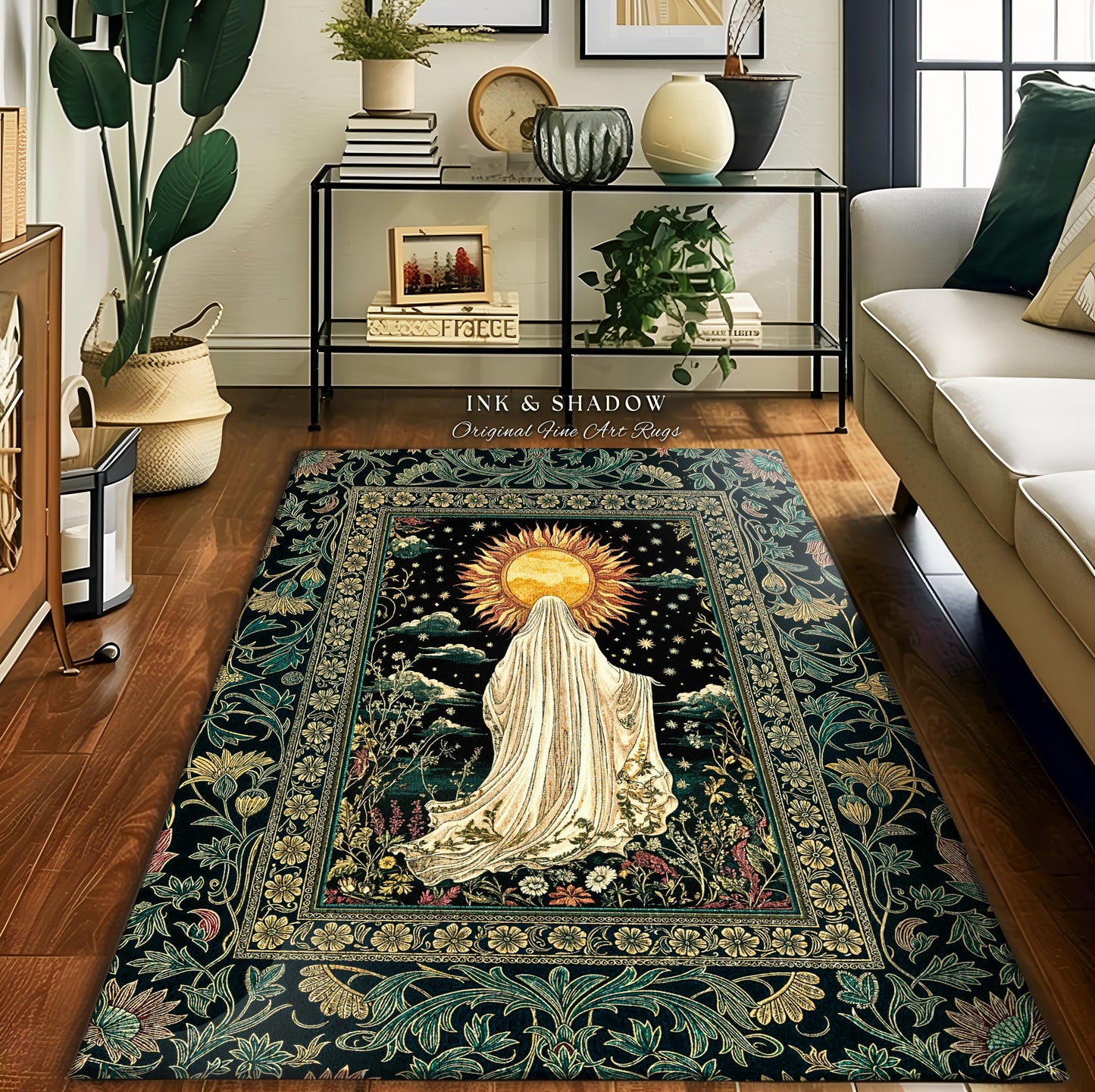 Autumn Harvest Spirit Ghost Rug | Cottagecore Halloween Floral Aesthetic Home Decor Whimsigoth Gothic Accent Botanical Cozy Witchy Area Rug
