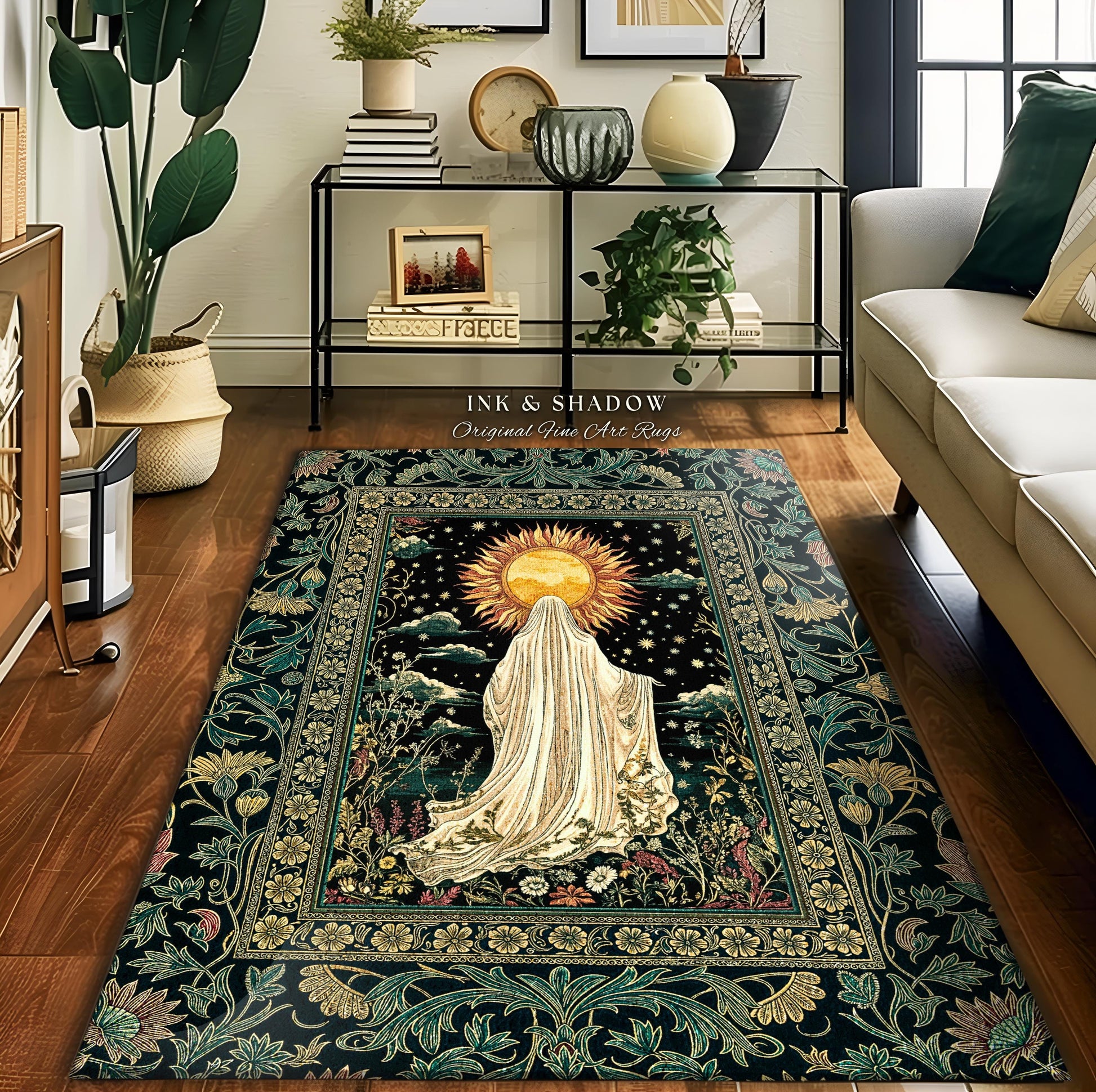 Autumn Harvest Spirit Ghost Rug | Cottagecore Halloween Floral Aesthetic Home Decor Whimsigoth Gothic Accent Botanical Cozy Witchy Area Rug