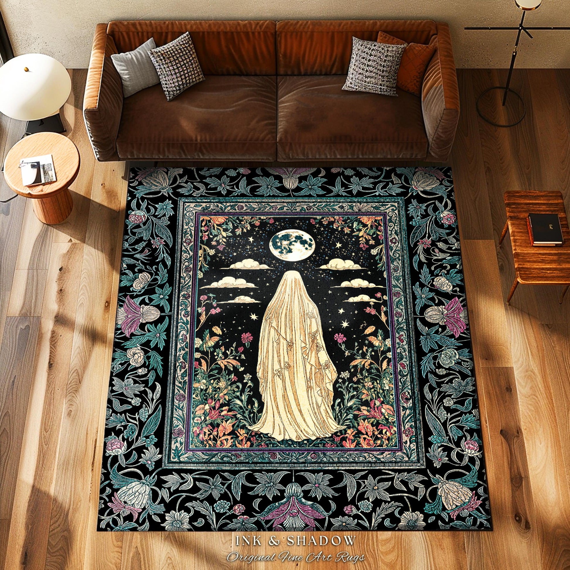 Moonlit Garden Ghost Area Rug | Celestial Halloween Floral Bedroom Whimsigoth Cottagecore Spirit Botanical Season of the Witch Home Accent