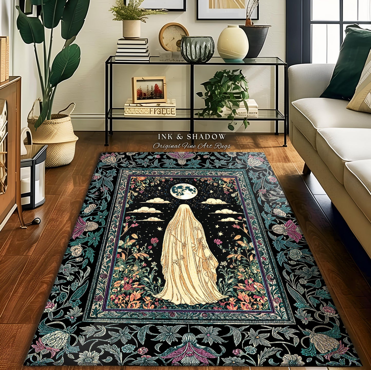 Moonlit Garden Ghost Area Rug | Celestial Halloween Floral Bedroom Whimsigoth Cottagecore Spirit Botanical Season of the Witch Home Accent