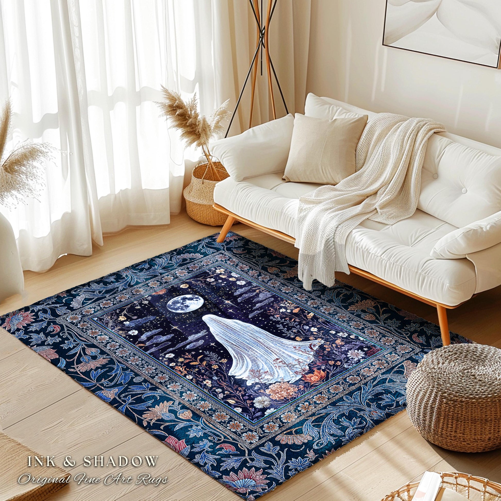 Blue Moon Garden Ghost Area Rug | Whimsigoth Pastel Floral Accent Halloween Decor Cottagecore Spirit Botanical Season Witchy Style Bedroom |