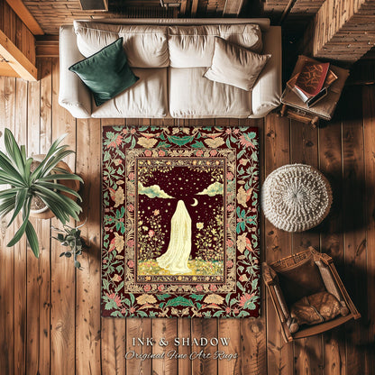 Celestial Nightfall Mystic Ghost Rug | Ethereal Witchy Cottagecore Accent Rug Whimsigoth Gothic Decor Botanical Vintage Aesthetic Pastel |