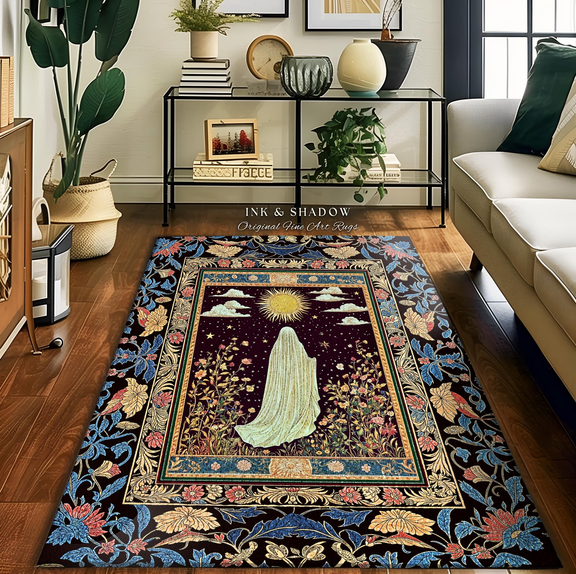 Gothic Sunlit Ghost Accent Rug | Whimsigothic Cottagecore Area Rug Home Decor Halloween Spirit Floral Mysticism Witchy Bedroom Accent Tarot