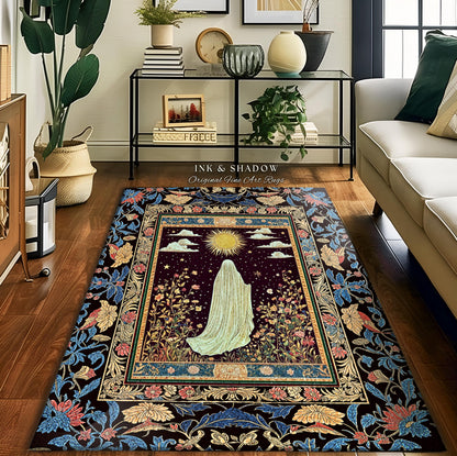 Gothic Sunlit Ghost Accent Rug | Whimsigothic Cottagecore Area Rug Home Decor Halloween Spirit Floral Mysticism Witchy Bedroom Accent Tarot