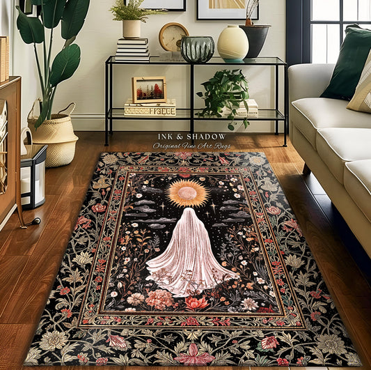 Ethereal Rose Garden Ghost Rug | Pastel Floral Accent Rug Halloween Aesthetic Cottagecore Whimsigoth Romantic Goth Decor Celestial Witchy |