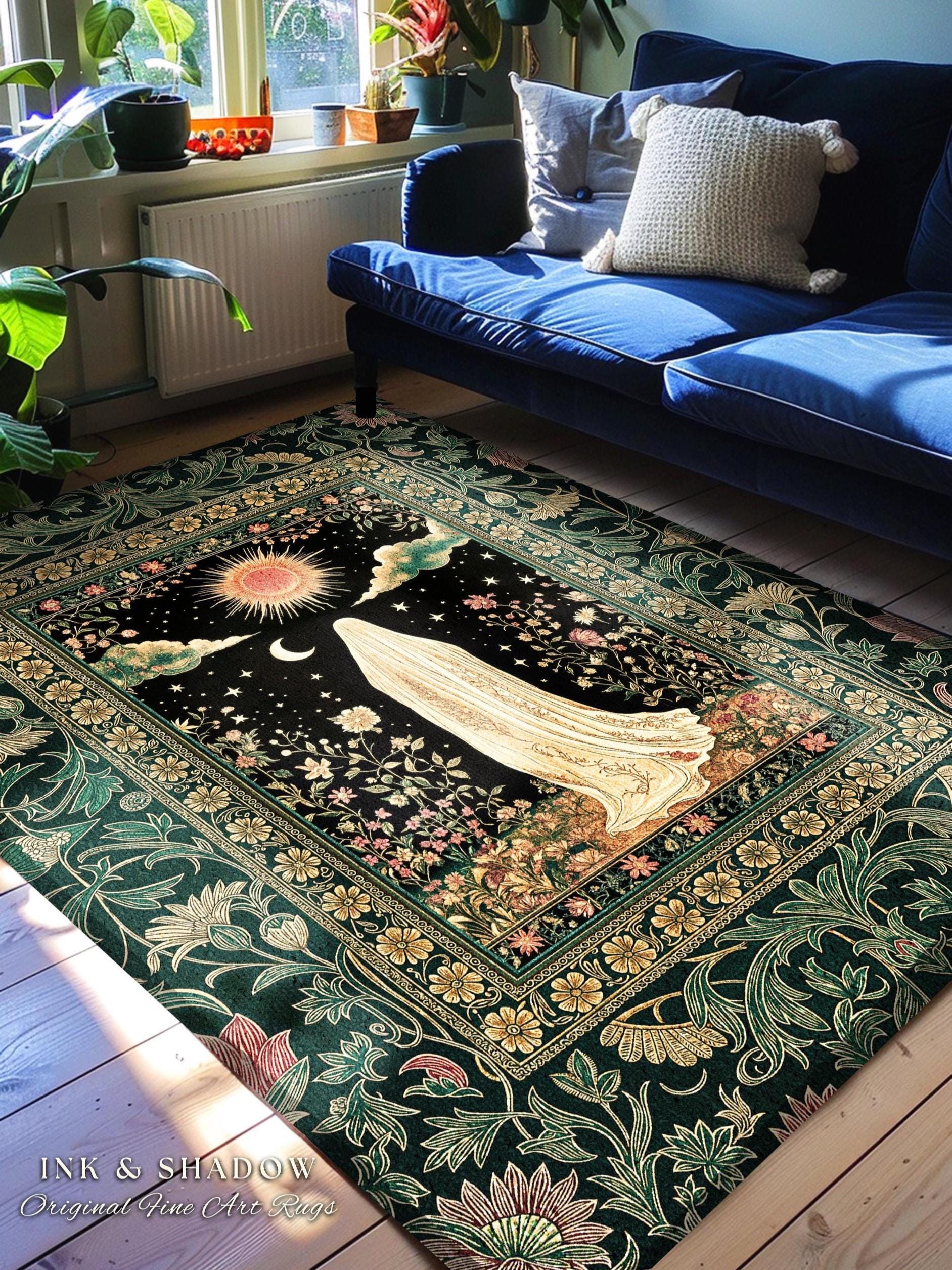 Verdant Sunlit Ghost Cozy Area Rug | Floral Cottagecore Halloween Decor Forest Ghost Home Accent Whimsigoth Gothic Art Botanical Aesthetic |