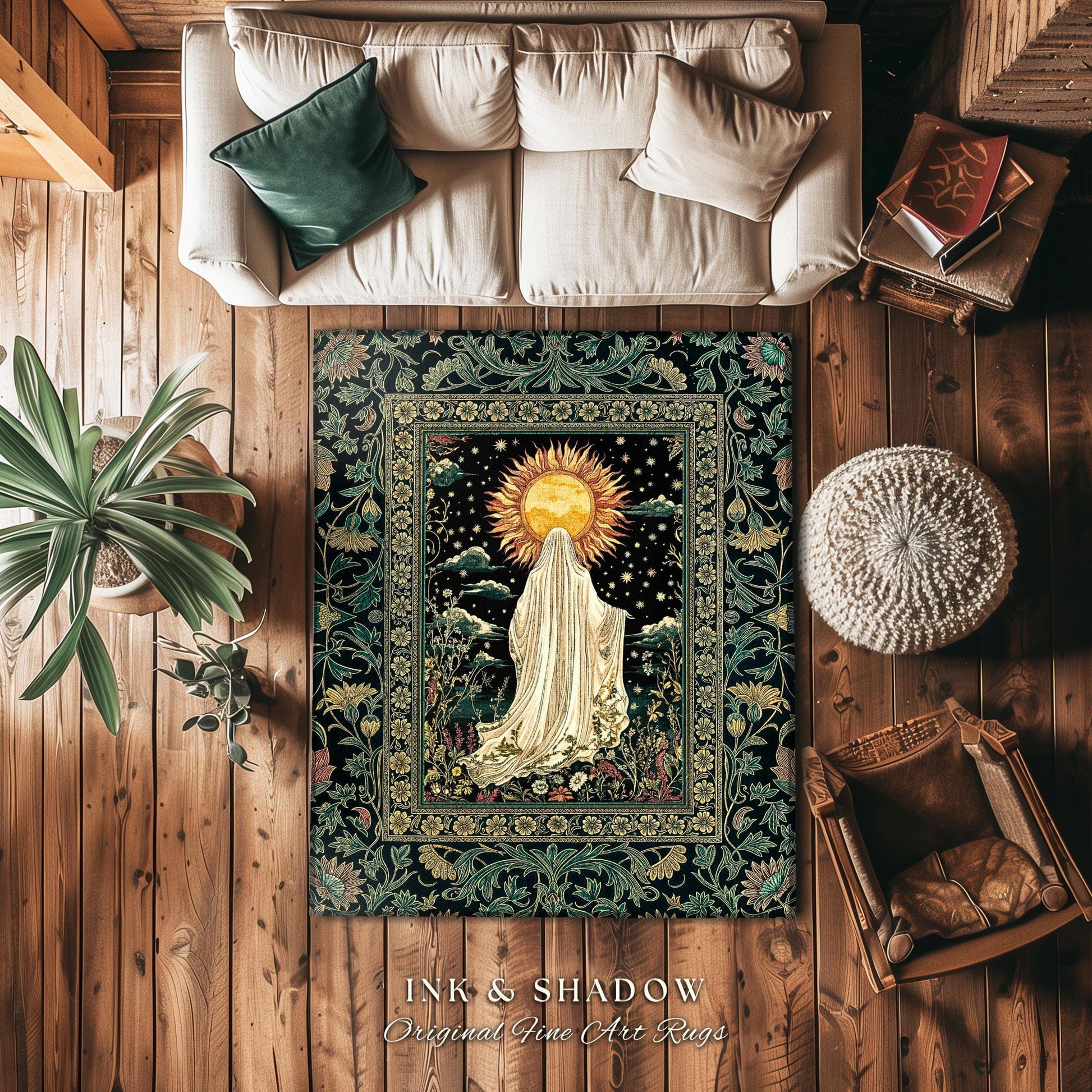 Autumn Harvest Spirit Ghost Rug | Cottagecore Halloween Floral Aesthetic Home Decor Whimsigoth Gothic Accent Botanical Cozy Witchy Area Rug