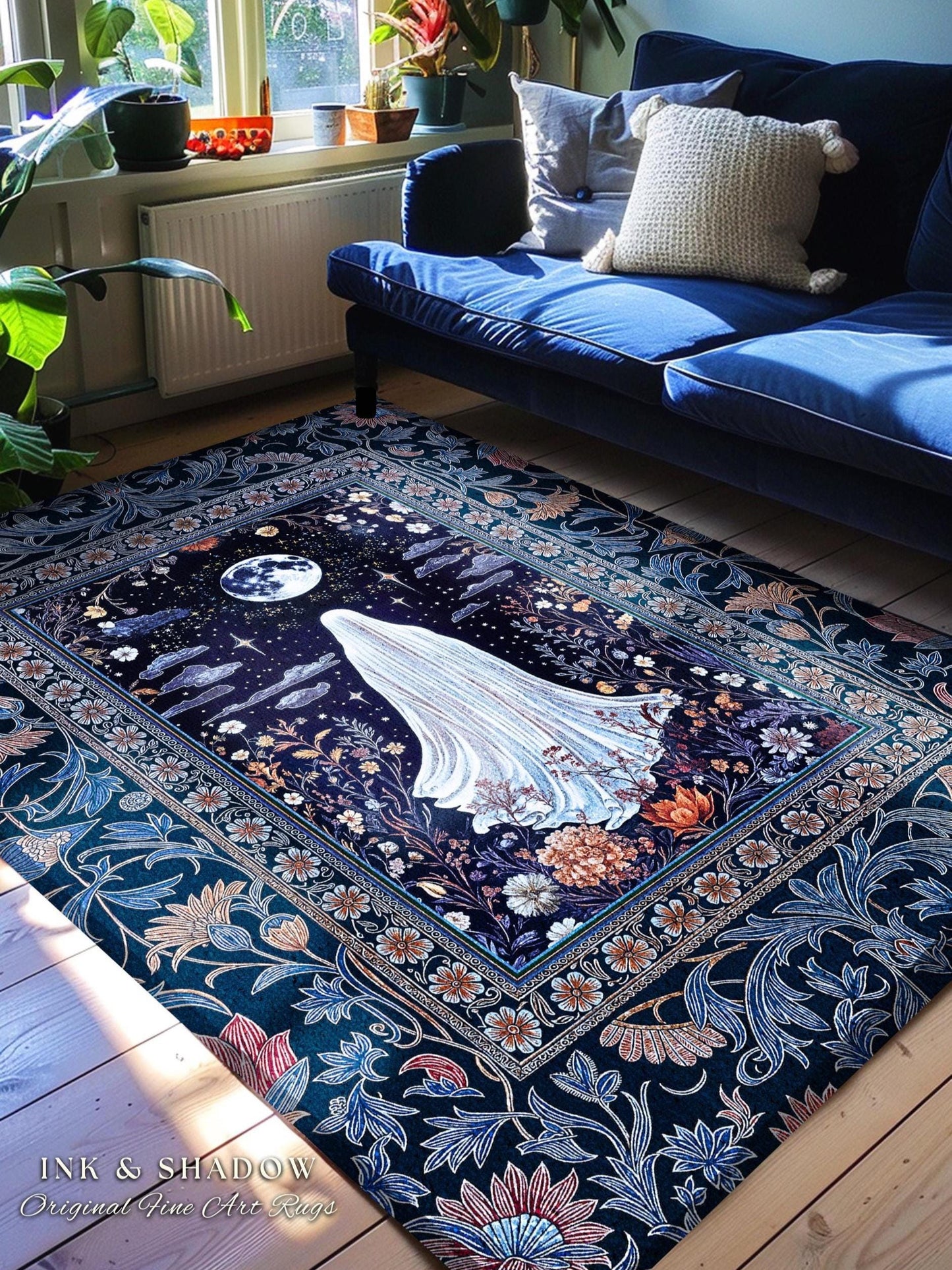 Blue Moon Garden Ghost Area Rug | Whimsigoth Pastel Floral Accent Halloween Decor Cottagecore Spirit Botanical Season Witchy Style Bedroom |