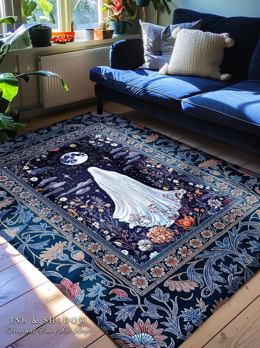 Blue Moon Garden Ghost Area Rug | Whimsigoth Pastel Floral Accent Halloween Decor Cottagecore Spirit Botanical Season Witchy Style Bedroom |
