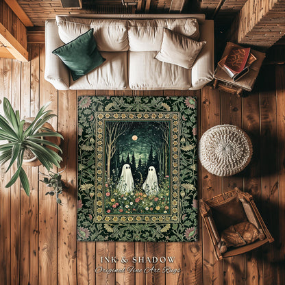 Gothic Sage Green Ghosts Rug | Botanical Woodland Spirits Decor Whimsigoth Gothic Halloween Style Cottagecore Floral Mystic Dark Aesthetic