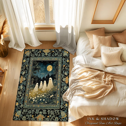 Mystic Full Moon Ghost Family Rug | Floral Halloween Accent Rug Whimsigoth Gothic Mysticism Witchy Maximalist Throw Spooky Decor Celestial |
