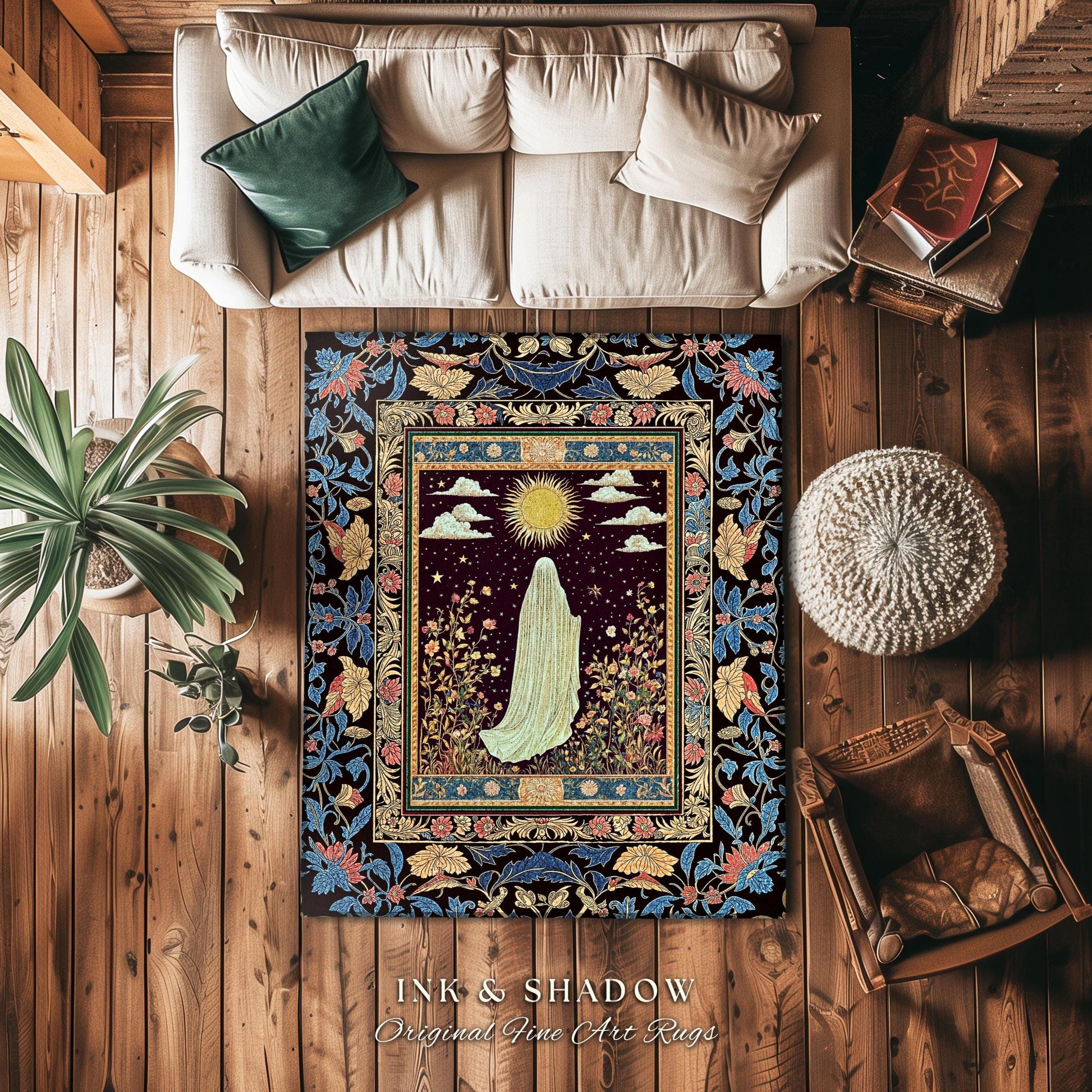 Gothic Sunlit Ghost Accent Rug | Whimsigothic Cottagecore Area Rug Home Decor Halloween Spirit Floral Mysticism Witchy Bedroom Accent Tarot