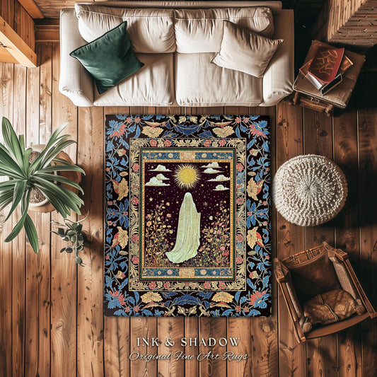 Gothic Sunlit Ghost Accent Rug | Whimsigothic Cottagecore Area Rug Home Decor Halloween Spirit Floral Mysticism Witchy Bedroom Accent Tarot