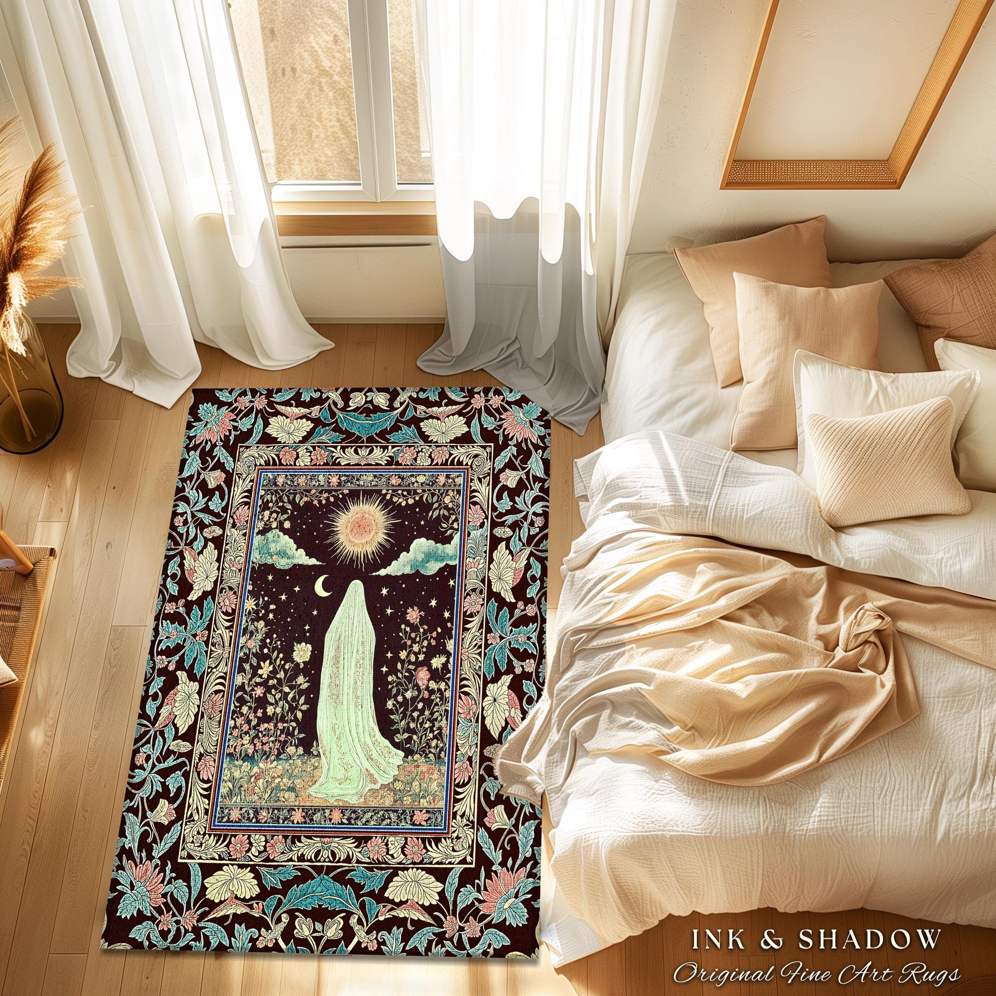 Earth Spirit Mystic Floral Ghost Rug | Cottagecore Home Decor Whimsigoth Decor Sunlit Pastel Accent Botanical Season Witchy Vintage Style |