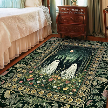 Gothic Sage Green Ghosts Rug | Botanical Woodland Spirits Decor Whimsigoth Gothic Halloween Style Cottagecore Floral Mystic Dark Aesthetic