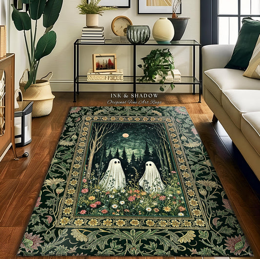 Gothic Sage Green Ghosts Rug | Botanical Woodland Spirits Decor Whimsigoth Gothic Halloween Style Cottagecore Floral Mystic Dark Aesthetic