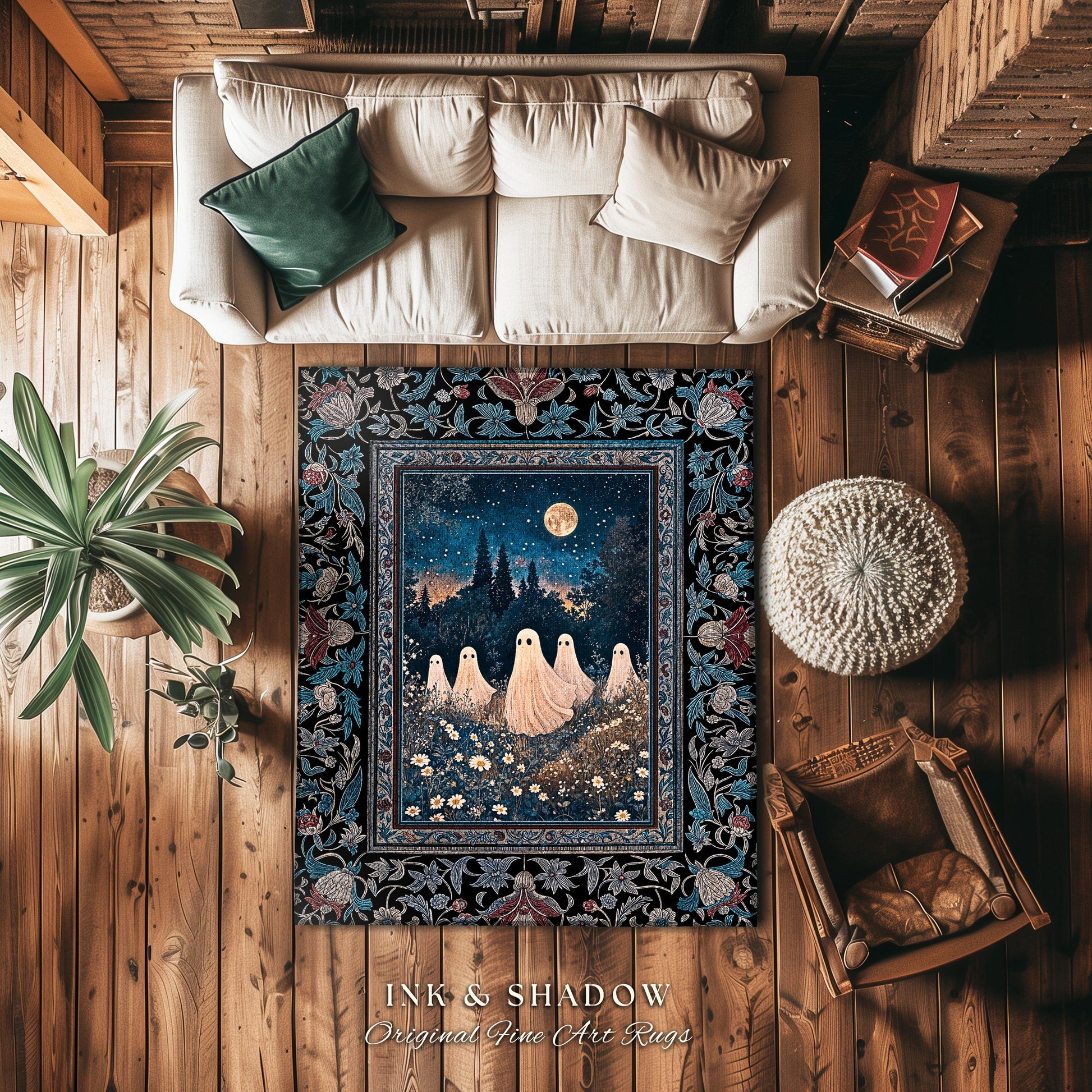 Midnight Gathering Mystical Ghost Rug | Gothic Halloween Accent Rug Whimsigoth Floral Dark Cottagecore Maximalist Mystic Decor Full Moon Art