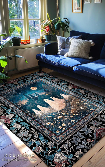 Midnight Gathering Mystical Ghost Rug | Gothic Halloween Accent Rug Whimsigoth Floral Dark Cottagecore Maximalist Mystic Decor Full Moon Art
