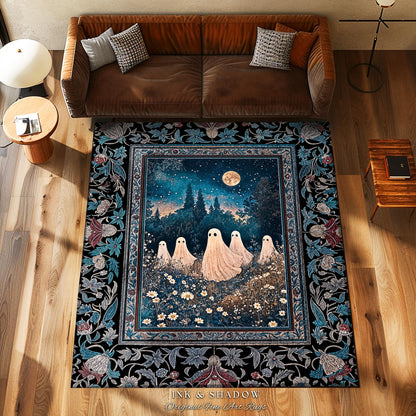 Midnight Gathering Mystical Ghost Rug | Gothic Halloween Accent Rug Whimsigoth Floral Dark Cottagecore Maximalist Mystic Decor Full Moon Art