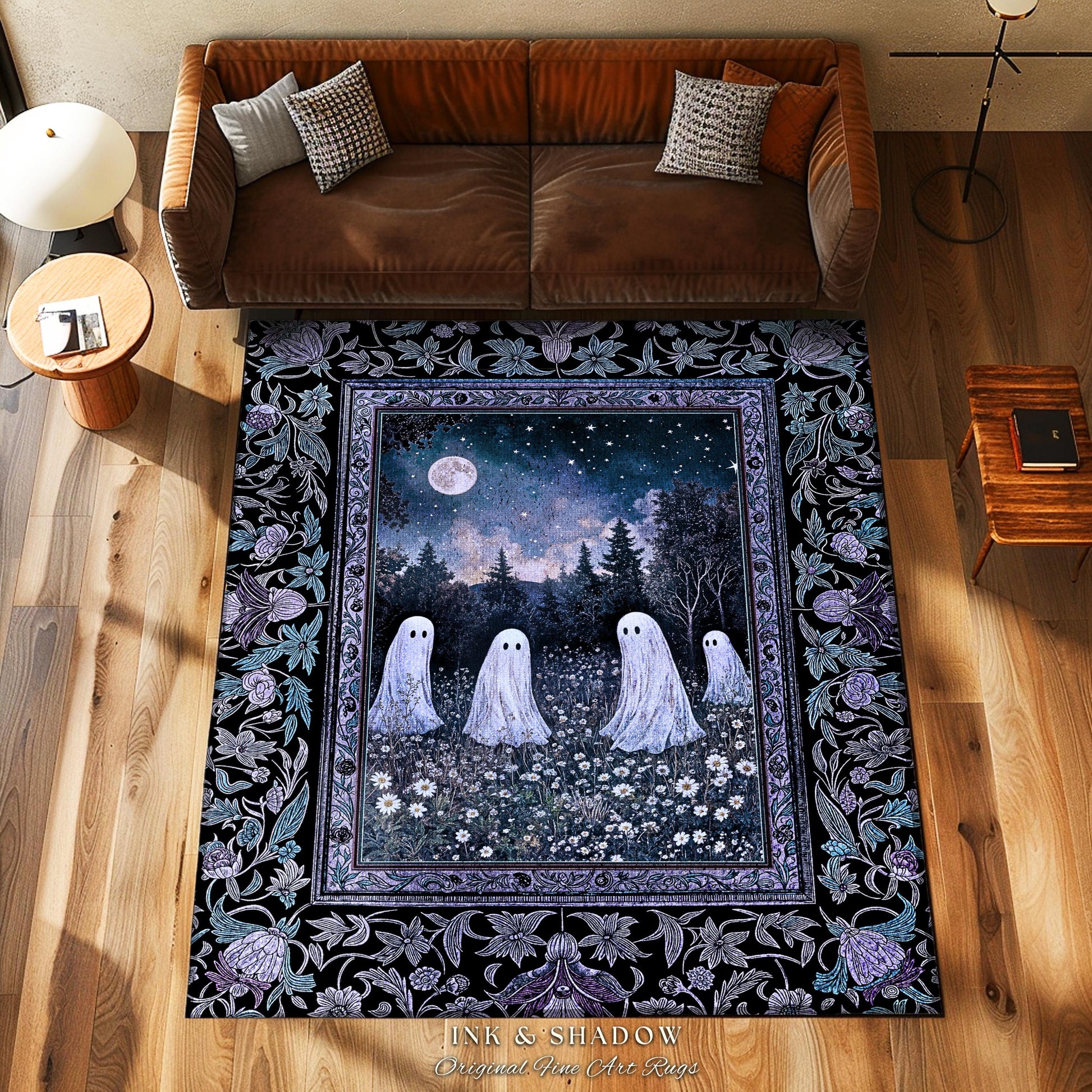 Starry Sky Violet Meadow Ghost Rug | Halloween Gothic Accent Whimsigoth Cottagecore Floral Maximalist Moody Mysticism Bedroom Decor Witchy