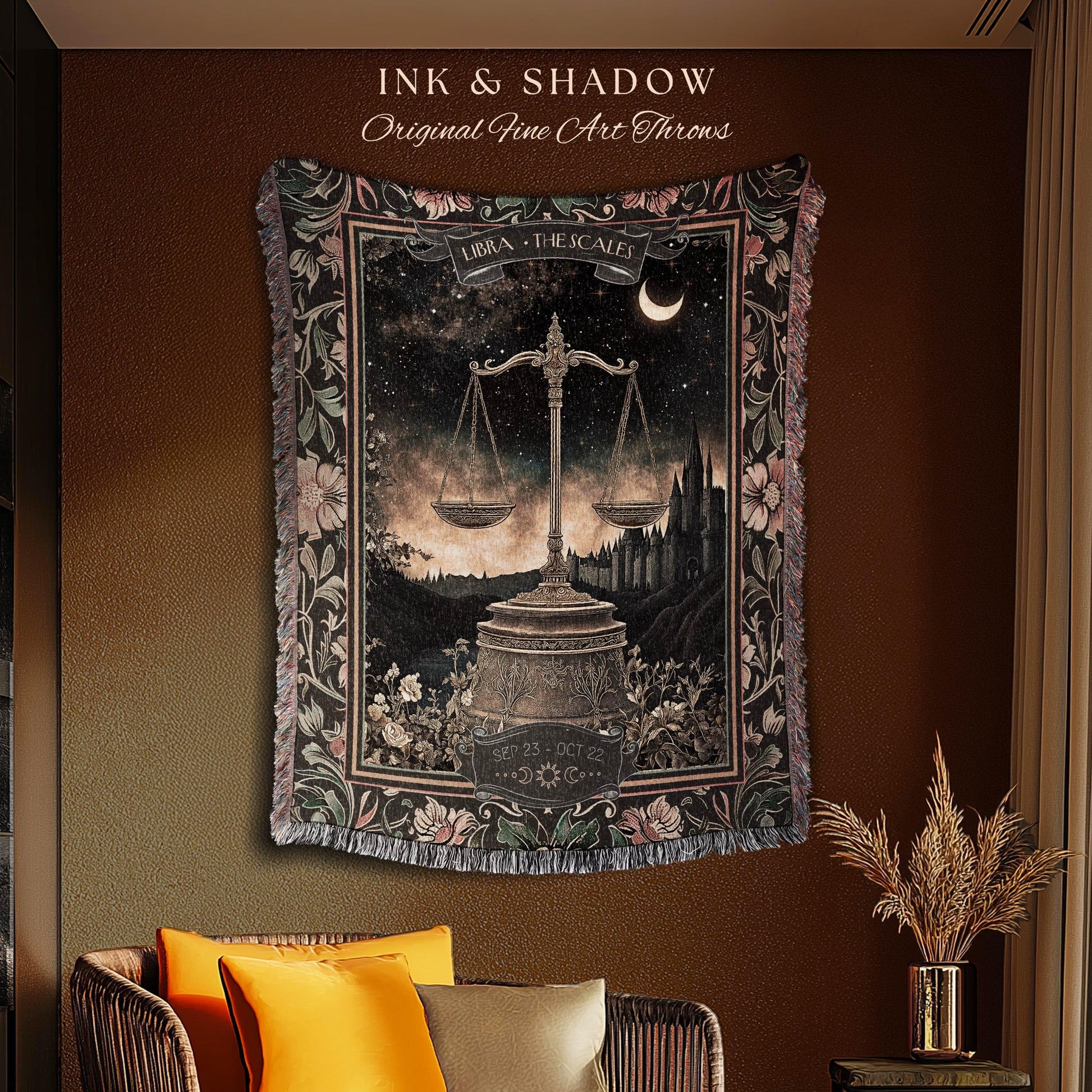 Rustic Libra Astrology Blanket The Scales Zodiac Constellation Tapestry Throw | Folklore Celestial Art Moody Starry Night Sky Landscape Gift