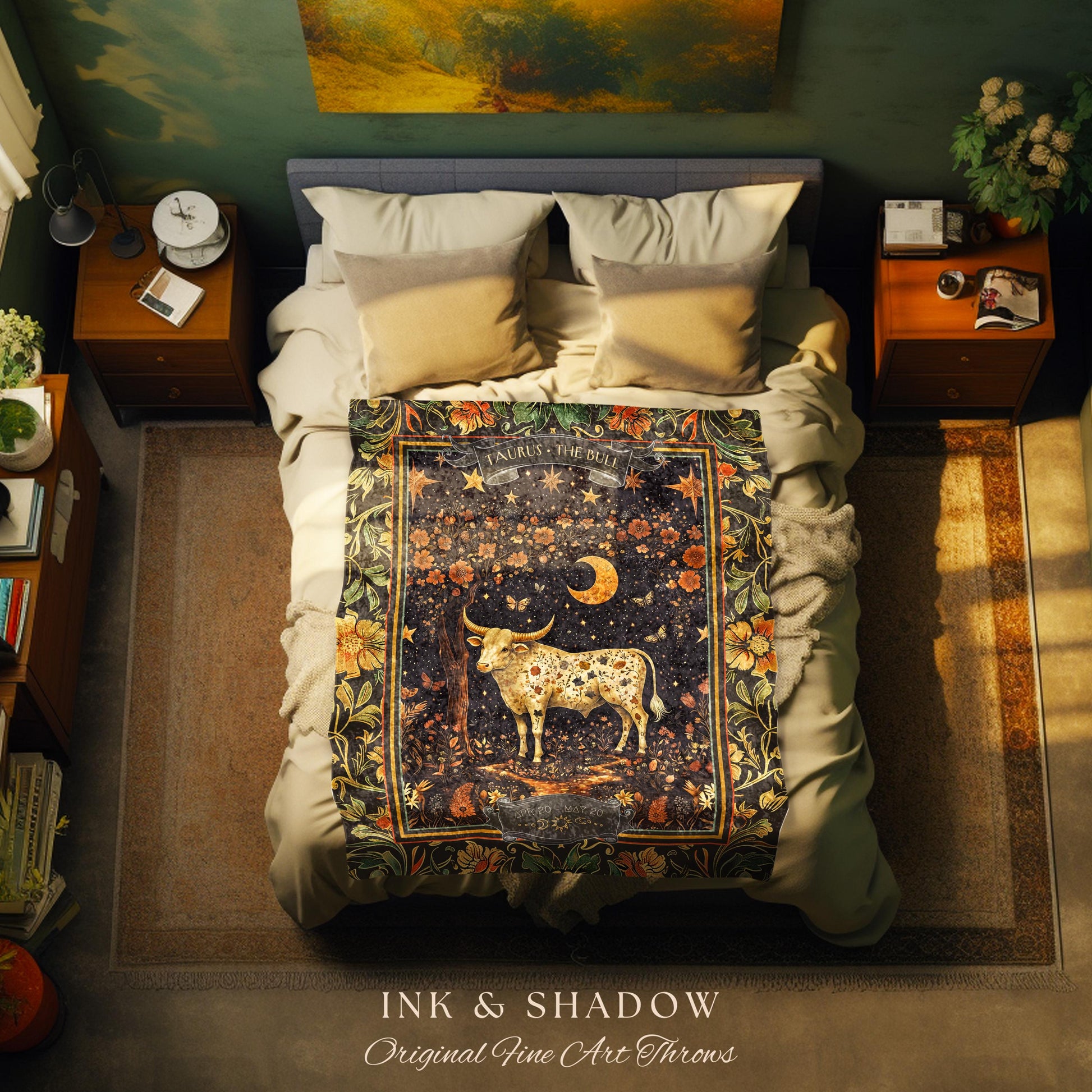 May include: A throw blanket with a dark blue background and a white bull with a crescent moon and stars. The throw blanket has a gold border with floral designs and the text &#39;Taurus - The Bull&#39;.
