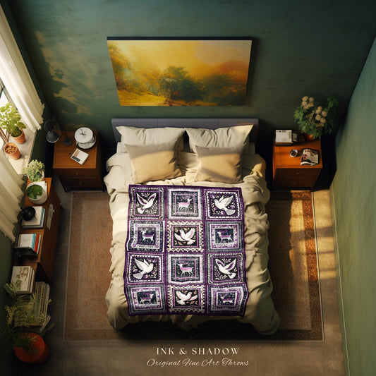 May include: Overhead view of a bedroom with a dark green wall, featuring a purple and white crocheted throw blanket with a repeating pattern of birds and deer. The blanket is on a bed with gray bedding.  The room also includes a painting, side tables, and books. Text on the image reads: &#39;INK & SHADOW Original Fine Art Throws&#39;.