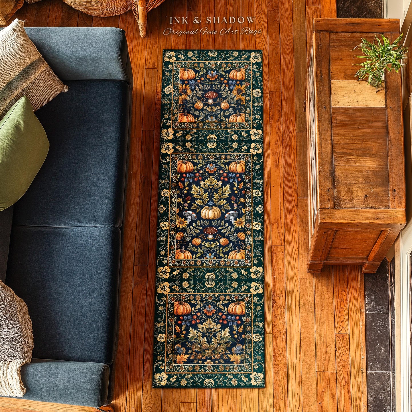 Dark Cottagecore Pumpkin Rug Autumn Victorian Gothic Floral Decor | Whimsical Dark Botanical Rug Forestcore Pumpkin Decor Vintage Aesthetic