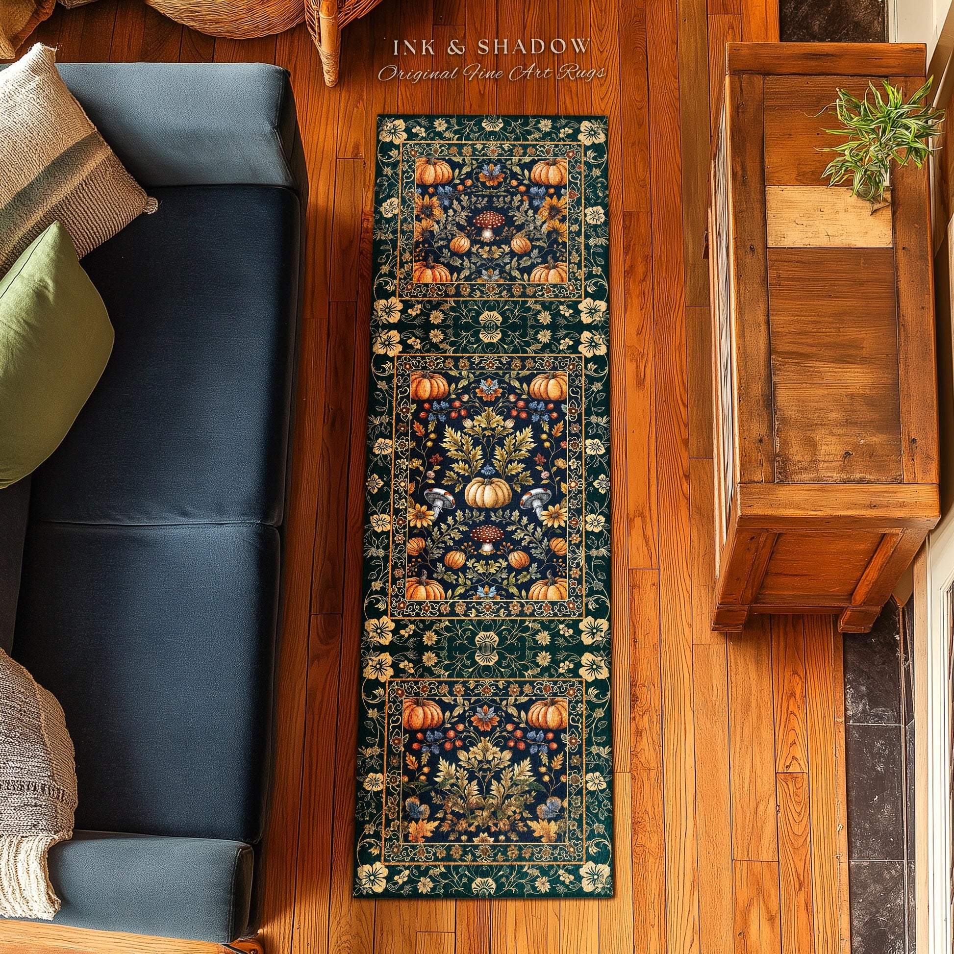 Dark Cottagecore Pumpkin Rug Autumn Victorian Gothic Floral Decor | Whimsical Dark Botanical Rug Forestcore Pumpkin Decor Vintage Aesthetic