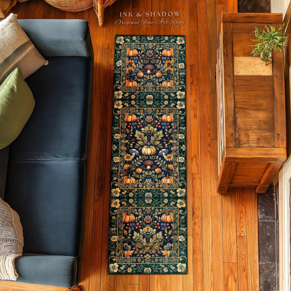 Dark Cottagecore Pumpkin Rug Autumn Victorian Gothic Floral Decor | Whimsical Dark Botanical Rug Forestcore Pumpkin Decor Vintage Aesthetic