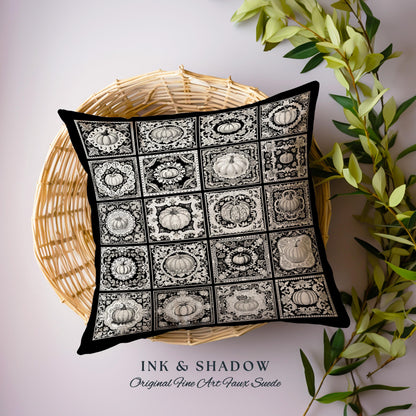 Victorian Gothic Pumpkin Woven Tapestry Patchwork Style Pillow | Dark Academia Cushion Vintage Halloween Aesthetic Whimsigothic Home Decor