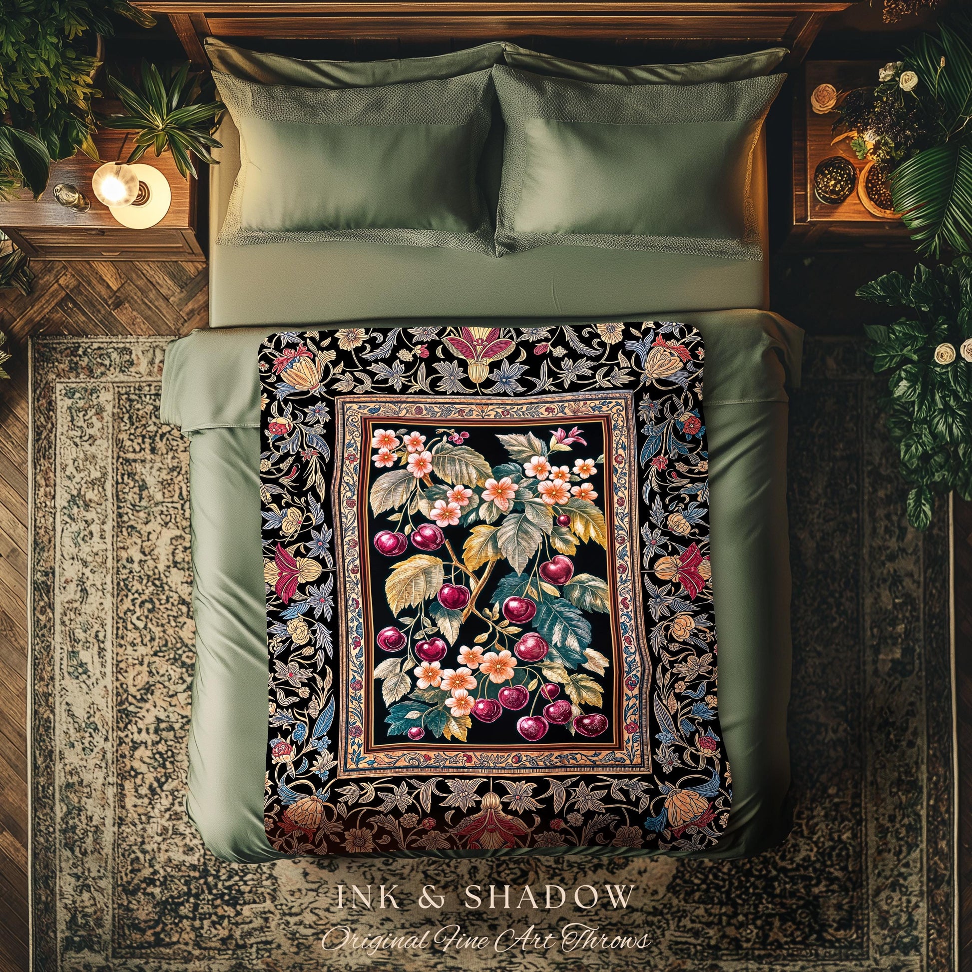 Dark Romantic Cherry Blossom Throw Blanket | Vintage Botanical Gothic Floral Design Moody Garden Accent Baroque Cottagecore Woven Tapestry |