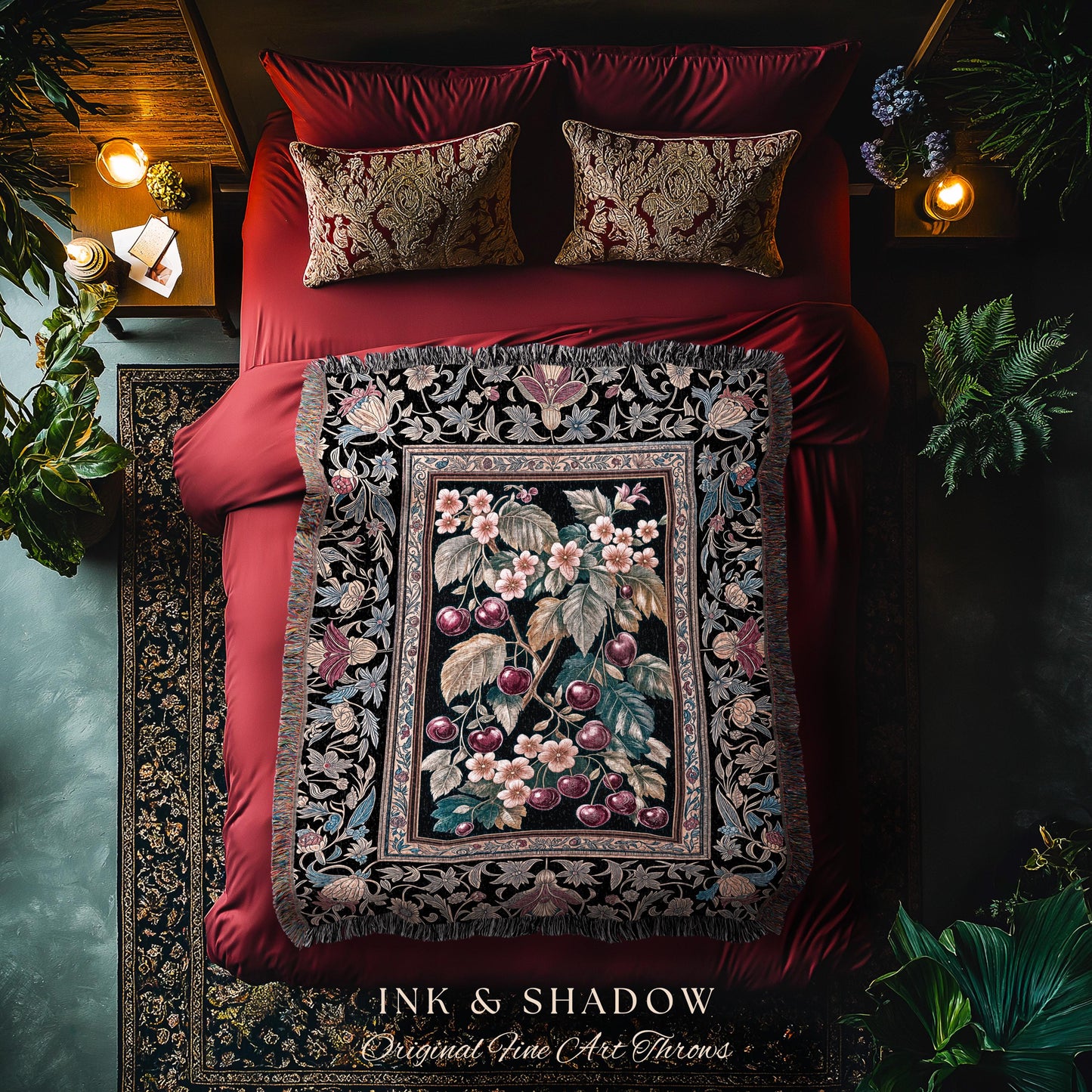 Dark Romantic Cherry Blossom Throw Blanket | Vintage Botanical Gothic Floral Design Moody Garden Accent Baroque Cottagecore Woven Tapestry |