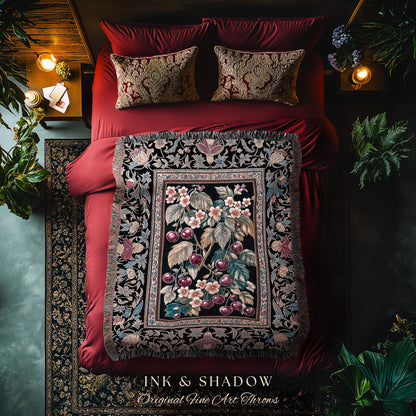 Dark Romantic Cherry Blossom Throw Blanket | Vintage Botanical Gothic Floral Design Moody Garden Accent Baroque Cottagecore Woven Tapestry |