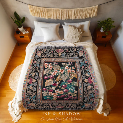 Dark Romantic Cherry Blossom Throw Blanket | Vintage Botanical Gothic Floral Design Moody Garden Accent Baroque Cottagecore Woven Tapestry |