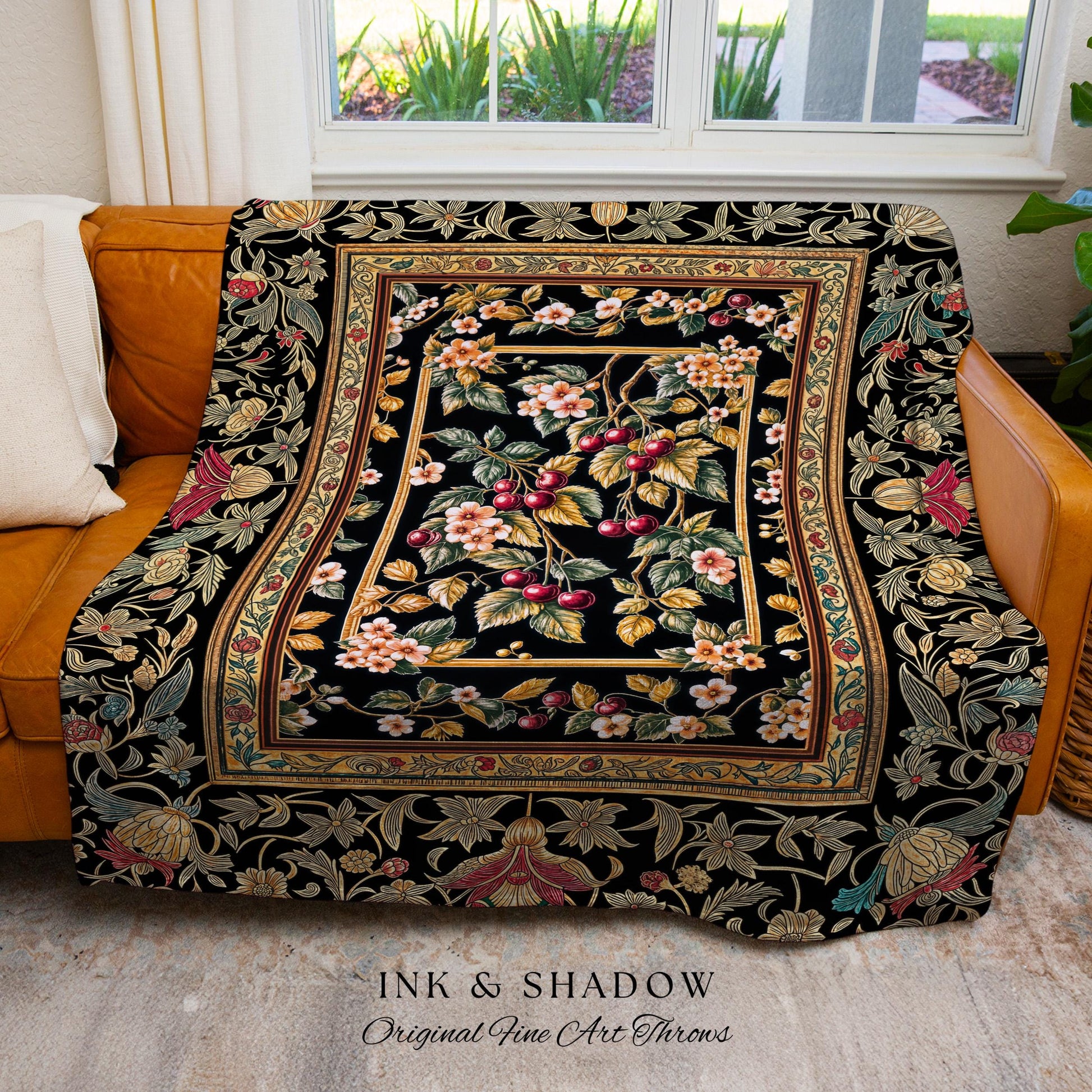 Mystic Baroque Cherry Garden Throw Blanket | Ornate Botanical Design Romantic Fruit Pattern Gothic Nature Style Rococo Floral Woven Tapestry
