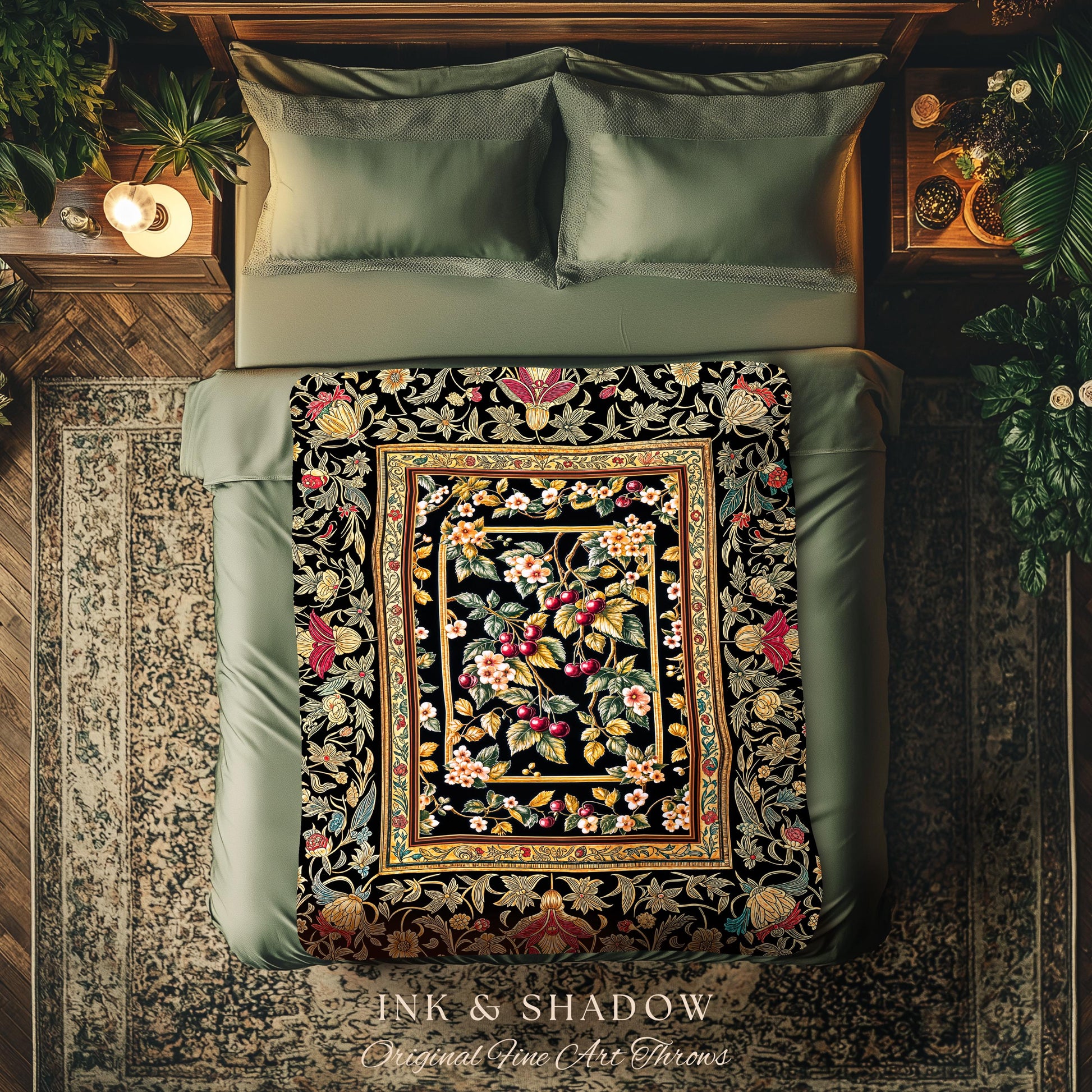 Mystic Baroque Cherry Garden Throw Blanket | Ornate Botanical Design Romantic Fruit Pattern Gothic Nature Style Rococo Floral Woven Tapestry