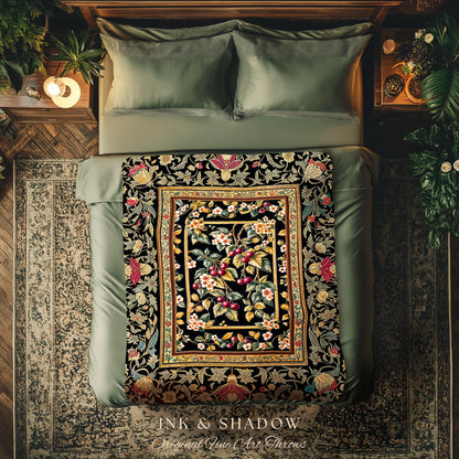 Mystic Baroque Cherry Garden Throw Blanket | Ornate Botanical Design Romantic Fruit Pattern Gothic Nature Style Rococo Floral Woven Tapestry