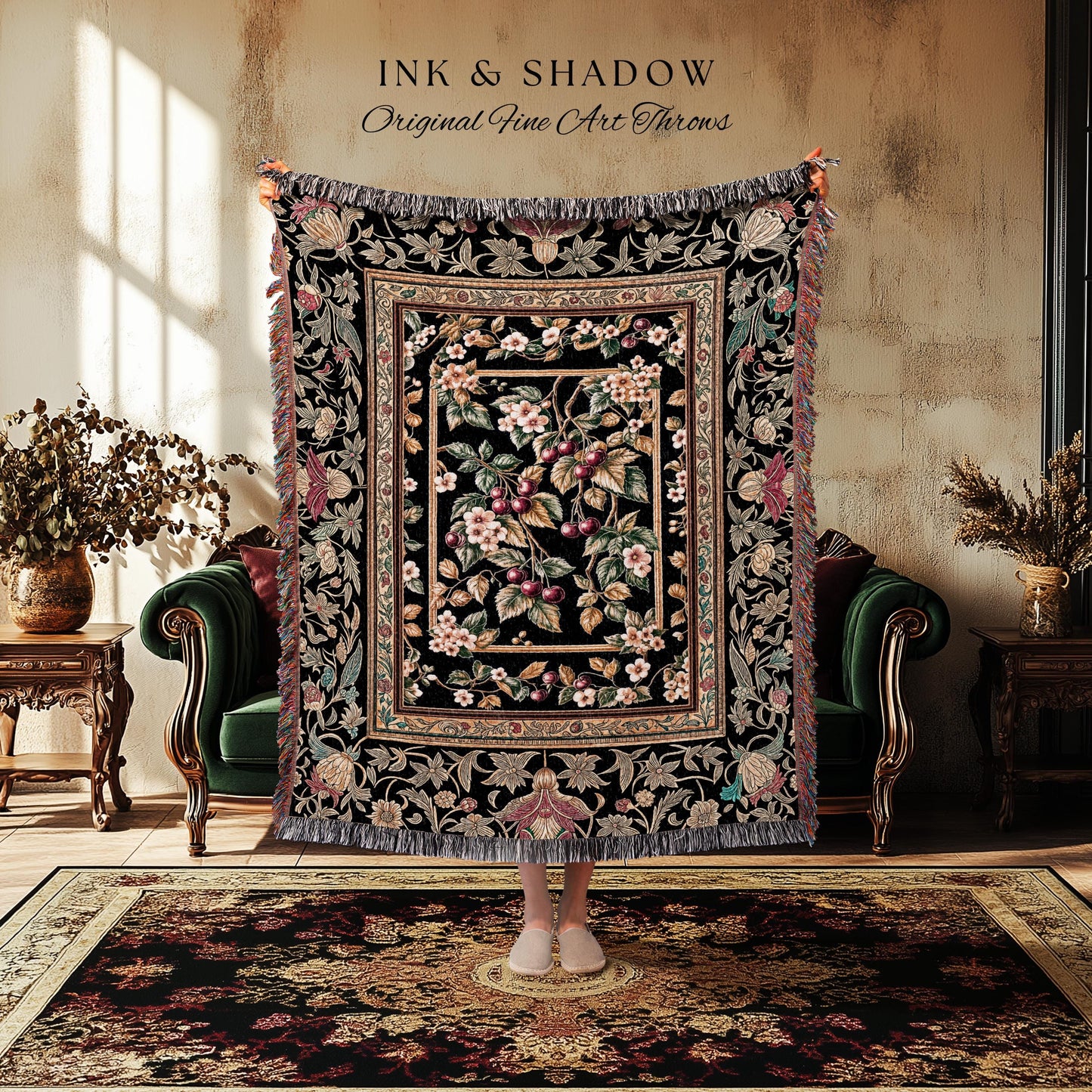 Mystic Baroque Cherry Garden Throw Blanket | Ornate Botanical Design Romantic Fruit Pattern Gothic Nature Style Rococo Floral Woven Tapestry