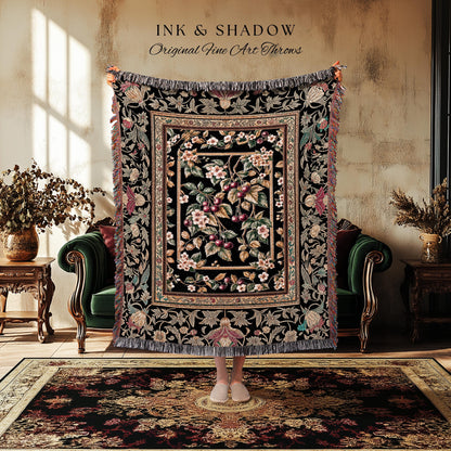 Mystic Baroque Cherry Garden Throw Blanket | Ornate Botanical Design Romantic Fruit Pattern Gothic Nature Style Rococo Floral Woven Tapestry