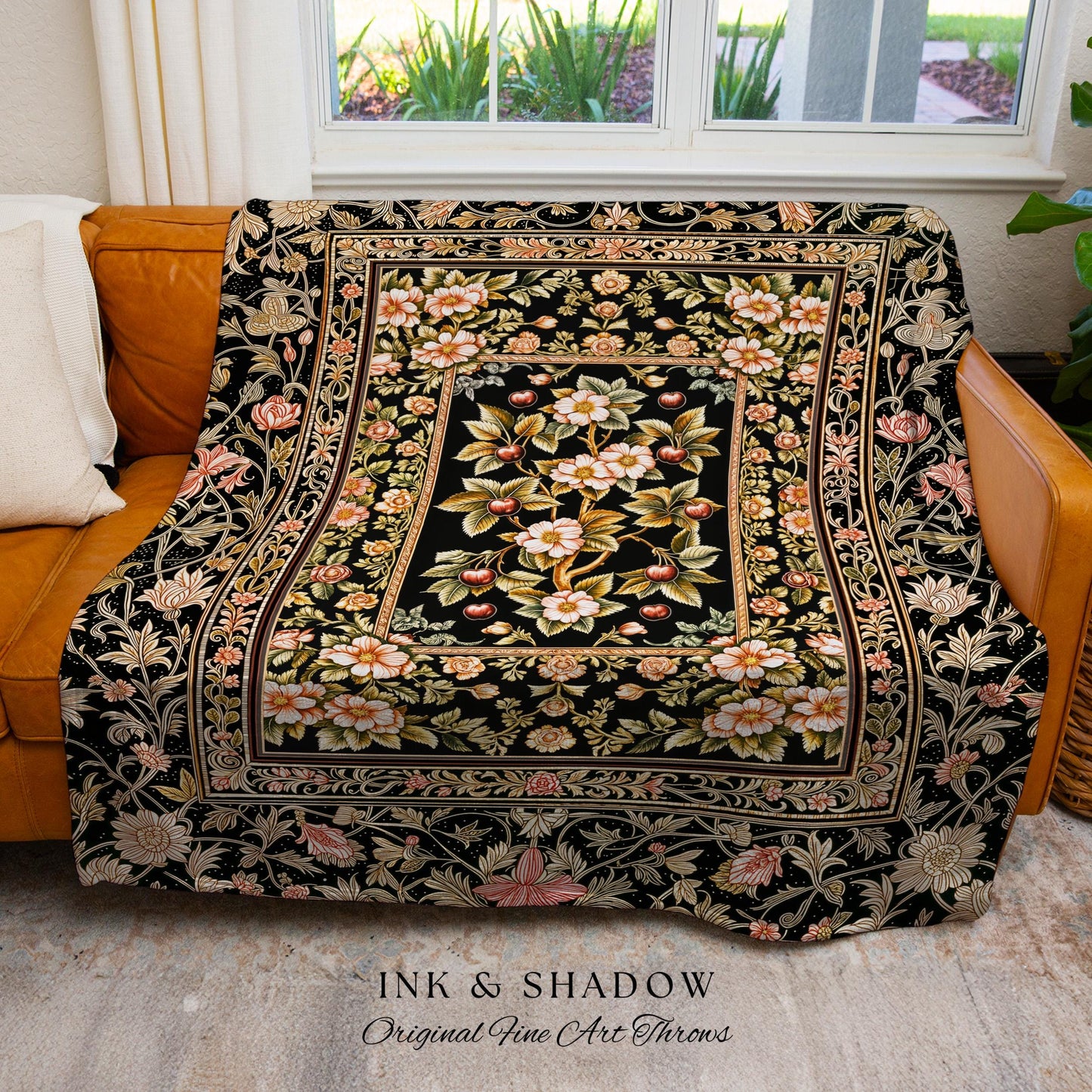 Maximalist Cherry Blossom Woven Tapestry | Moody Gothic Garden Decor Romantic Floral Fruit Throw Blanket Victorian Style Botanical Home Boho