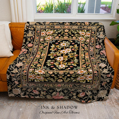 Maximalist Cherry Blossom Woven Tapestry | Moody Gothic Garden Decor Romantic Floral Fruit Throw Blanket Victorian Style Botanical Home Boho