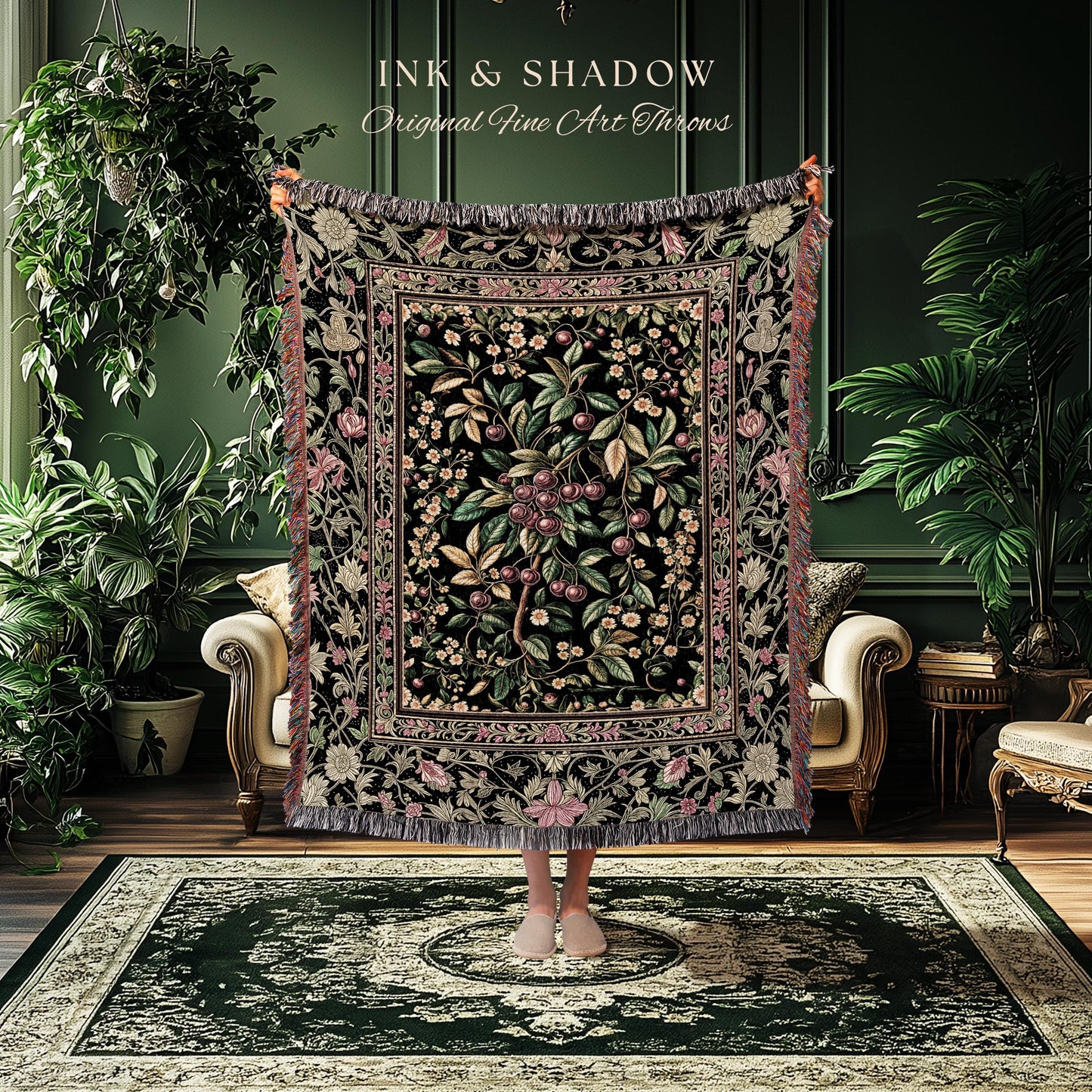 Gothic Elegance Cherry Throw Blanket | Victorian Cottagecore Decor Baroque Floral Style Gothic Garden Woven Tapestry Romantic Dark Ethereal