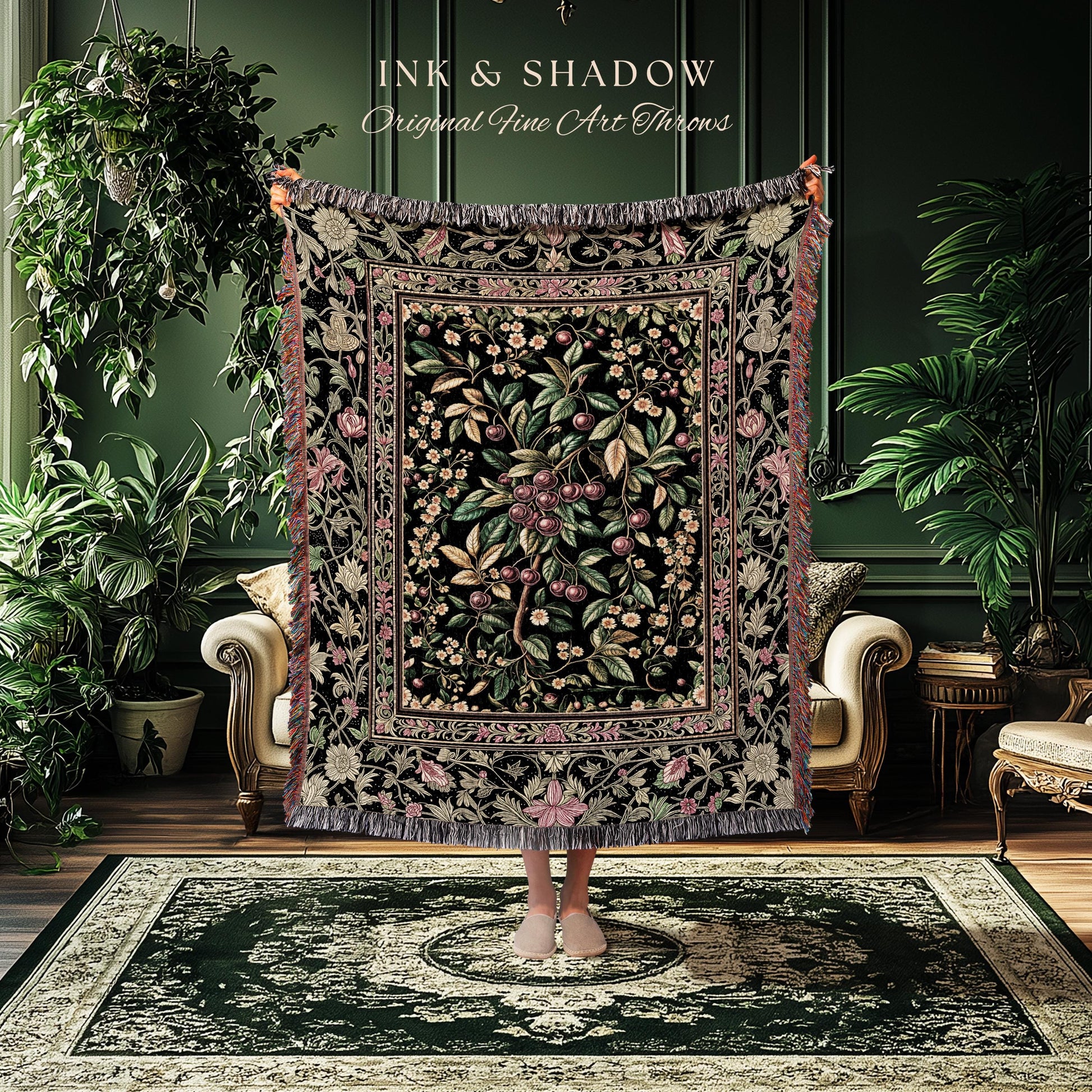 Gothic Elegance Cherry Throw Blanket | Victorian Cottagecore Decor Baroque Floral Style Gothic Garden Woven Tapestry Romantic Dark Ethereal
