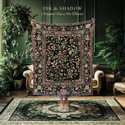 Gothic Elegance Cherry Throw Blanket | Victorian Cottagecore Decor Baroque Floral Style Gothic Garden Woven Tapestry Romantic Dark Ethereal